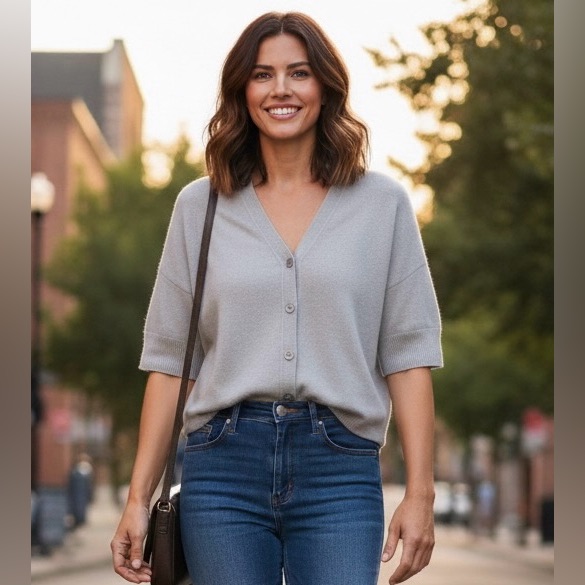 360 Cashmere Light Blue 100% Cashmere Short Sleeve V Neck Cardigan, Side Slits M
